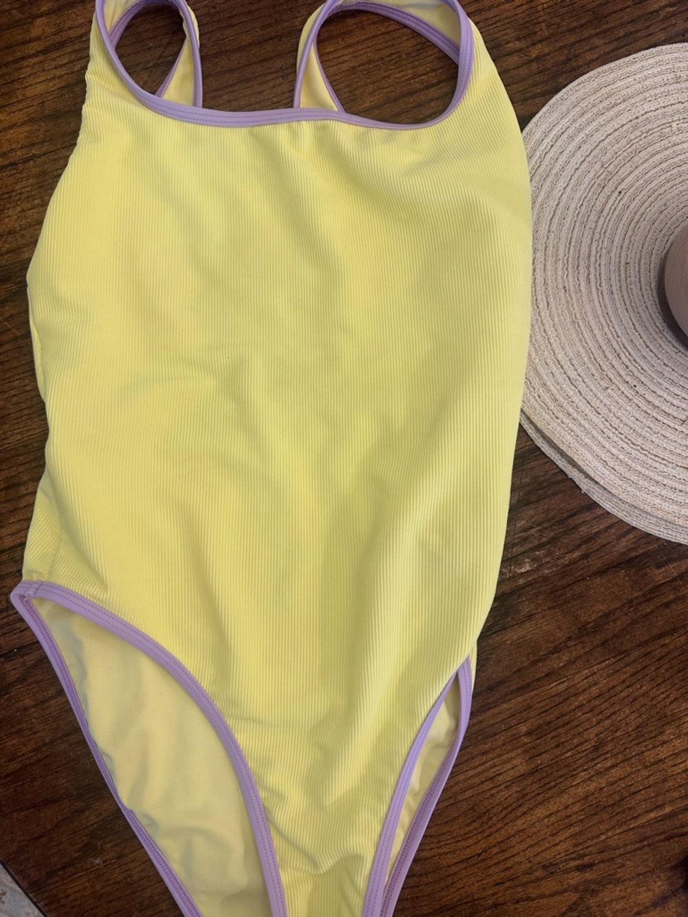 LainSnow Yellow One-Piece Swimsuit with Lavender Trim